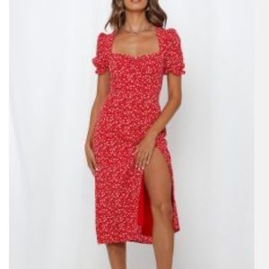 Red floral midi dress